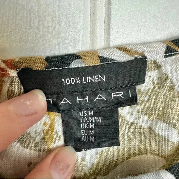 Tahari Linen Botanical Short Sleeve Top Wide Leg Pant Set Top Med Pants XL C48 - Picture 4 of 7